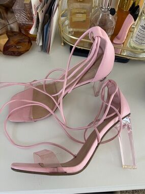 Unbranded Pink Strappy Clear Lace Up Block Heel Sandals 7.5/8